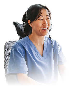 Healthcare provider smiling with a headset on
