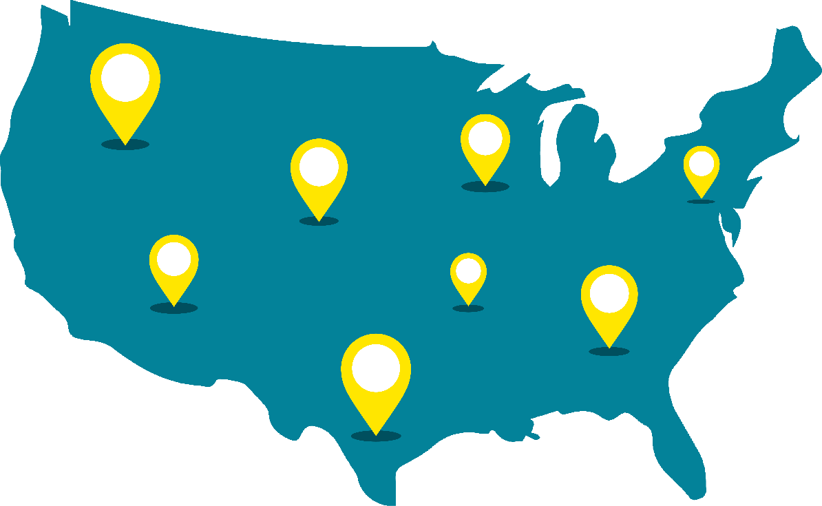 US map with yellow location pins