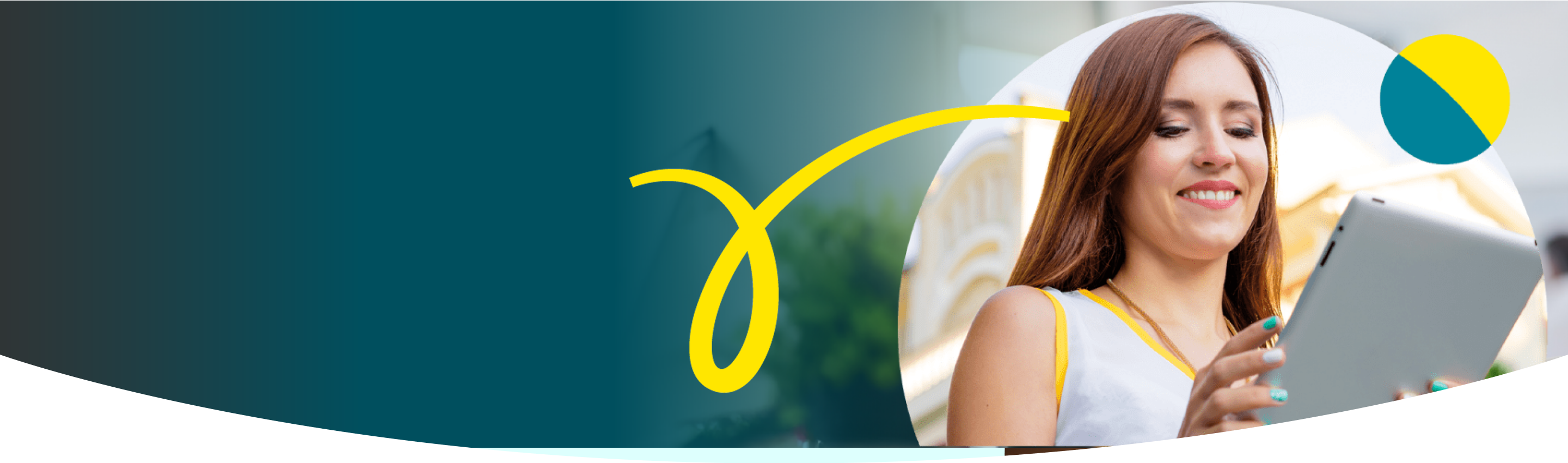 Woman smiling down at tablet